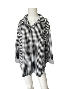 Chicos No Iron button Up Shirt Black White Plaid 3/4 Sleeve Size 3.5 Womens 18